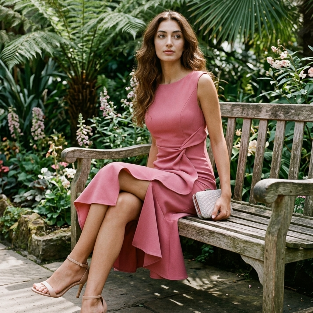 Women’s Midi Dress with Asymmetric Draped Ruffle and Sleeveless Fit