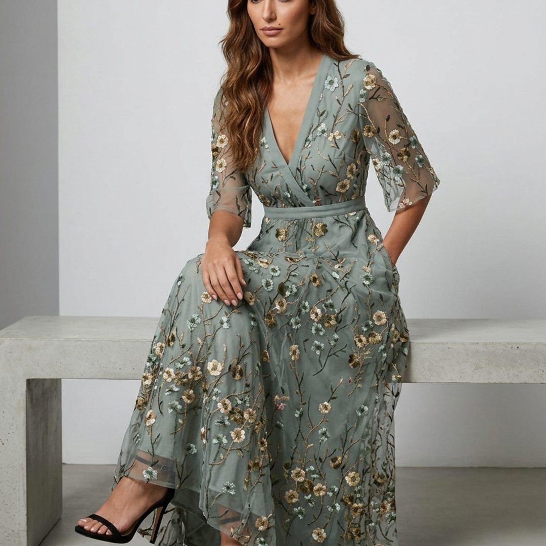 Women’s Maxi Dress with Deep V-Neckline and Artisanal Wildflower Print