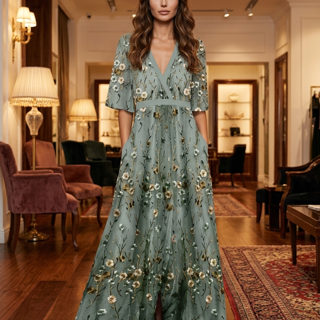 Women’s Maxi Dress with Deep V-Neckline and Artisanal Wildflower Print