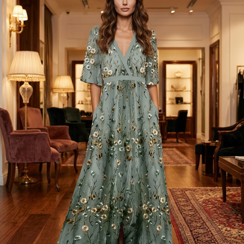 Women’s Maxi Dress with Deep V-Neckline and Artisanal Wildflower Print
