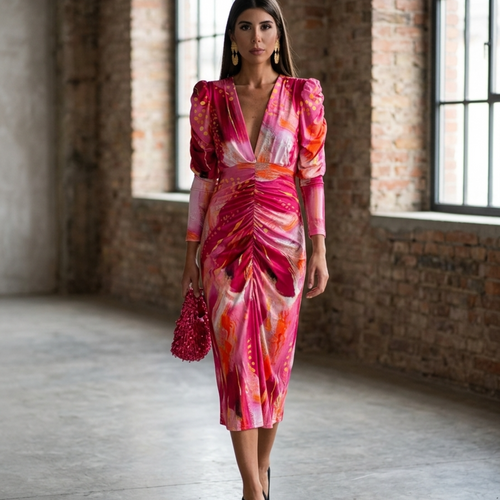 Women’s Ruched Maxi Dress with Deep V-Neckline and Long Puff Sleeves