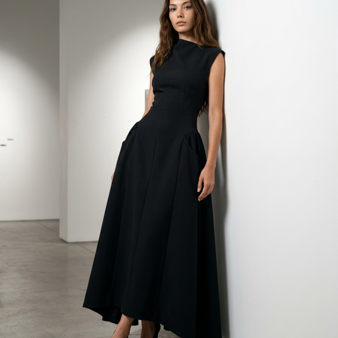 Women's Maxi Dress High Neck Sleeveless Hourglass Architectural Gown