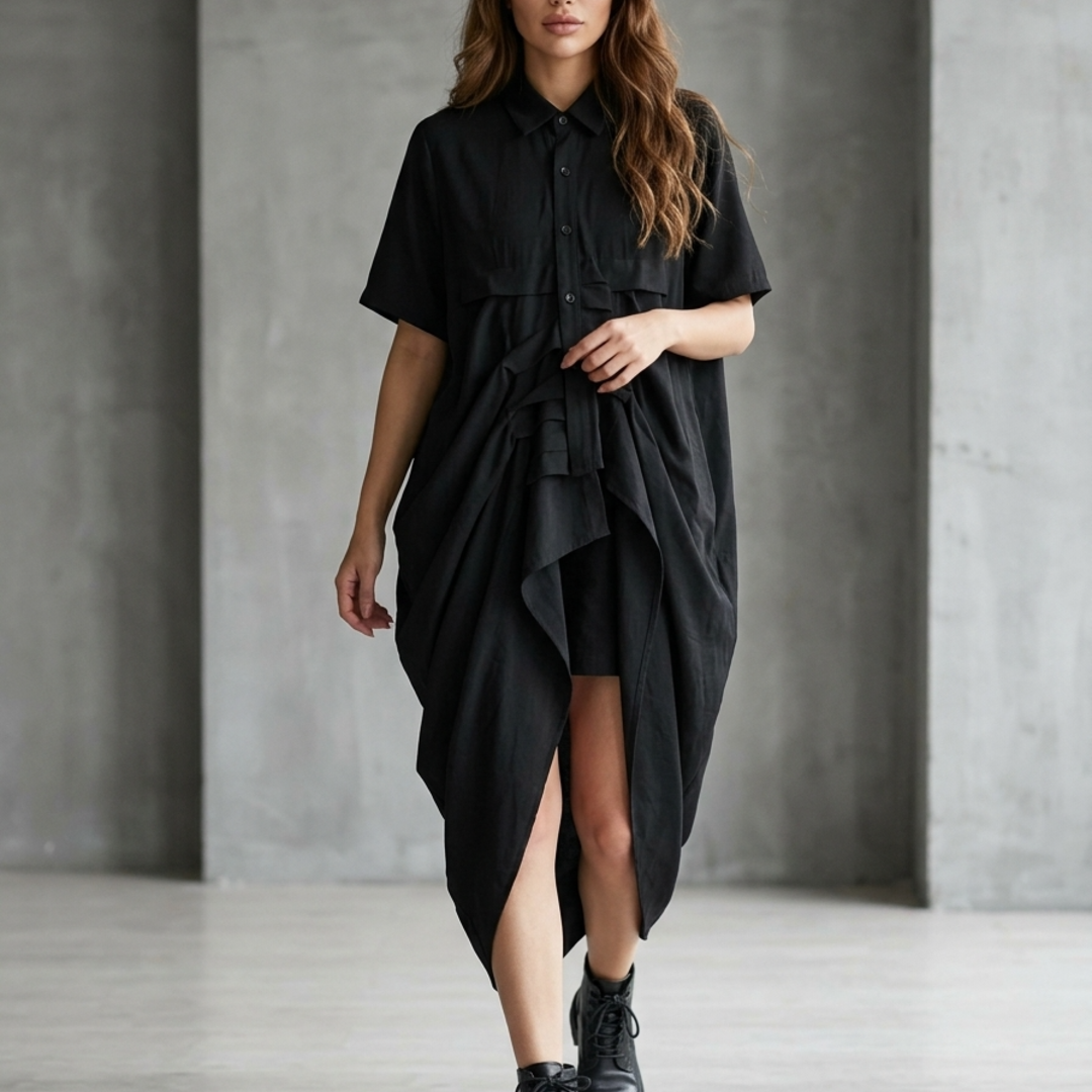 Women’s Shirt Dress with Asymmetric Ruffled Hem and Oversized Fit
