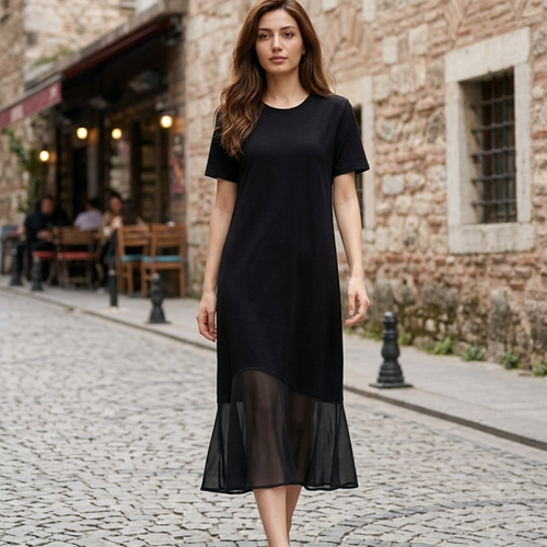 Women’s T-Shirt Dress with Sheer Mesh Patchwork and Ruffle Hem