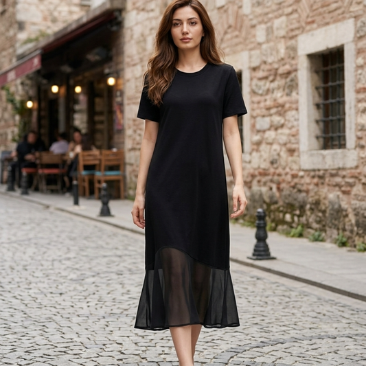 Women’s T-Shirt Dress with Sheer Mesh Patchwork and Ruffle Hem