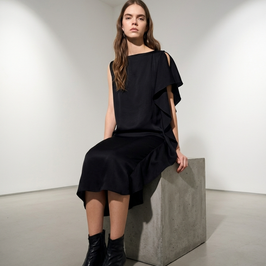 Women’s Midi Dress Asymmetric Draped Ruffle Sleeveless Shift