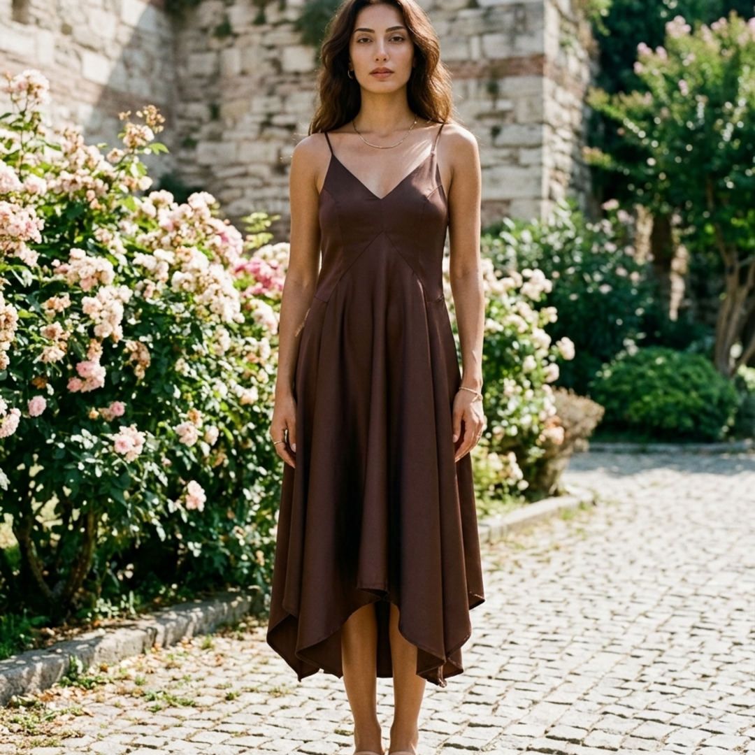 Women’s Slip Dress with Asymmetric Ruffle Hem and Plunging V-Neckline