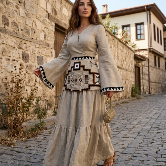 Women’s Maxi Dress with Bell Sleeves and Ethnic Geometric Embroidery