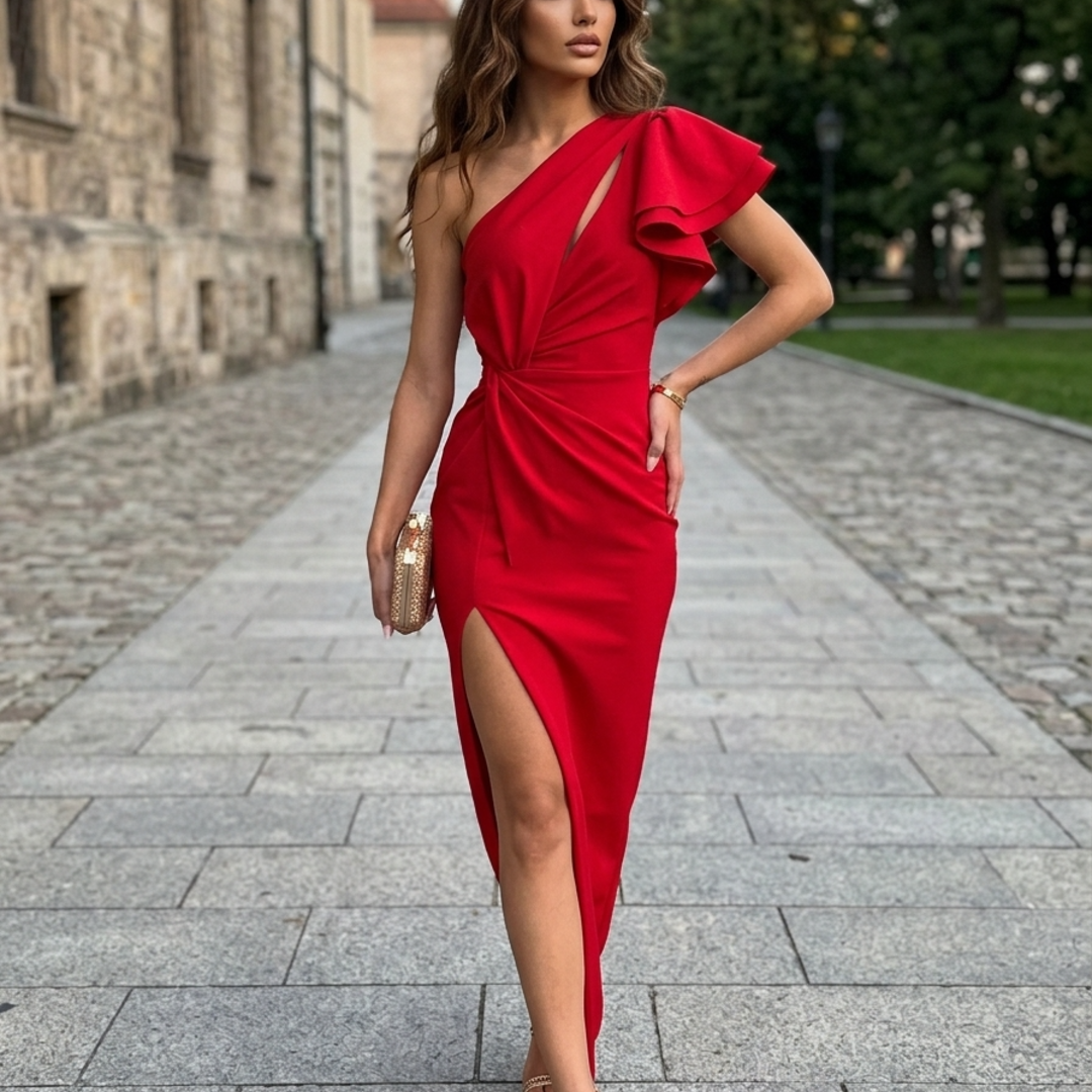Women’s Maxi Dress One Shoulder Ruffle Cut-Out High Slit Gown