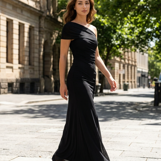 Women’s Maxi Dress One Shoulder Ruched Bodycon Evening Gown