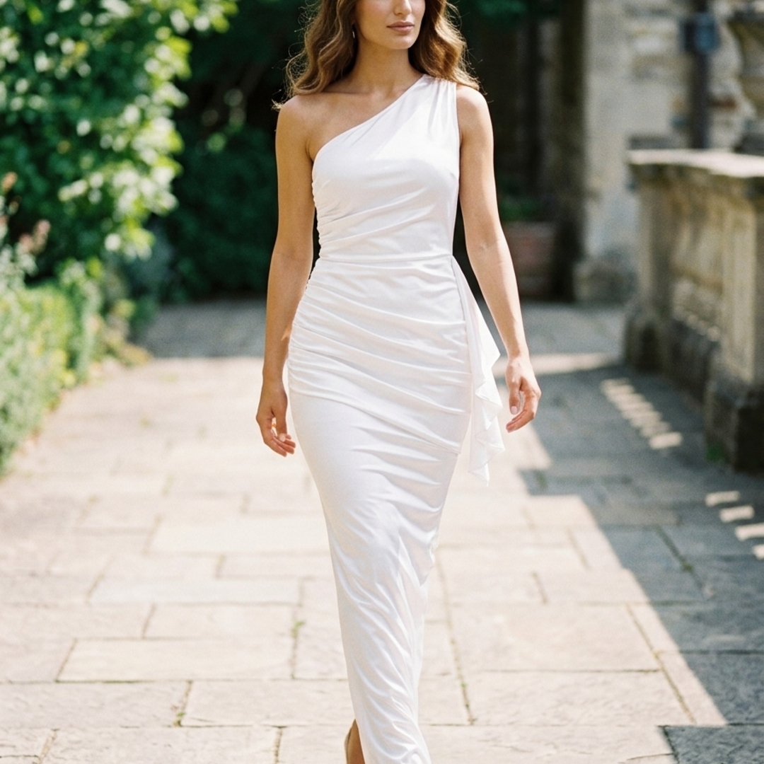 Women’s Maxi Dress One Shoulder Satin Ruched Hips Bodycon Gown