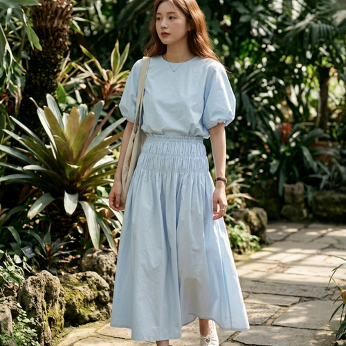 Women’s Two-Piece Skirt Set with Puff Sleeve Top and Smocked Waist Maxi Skirt