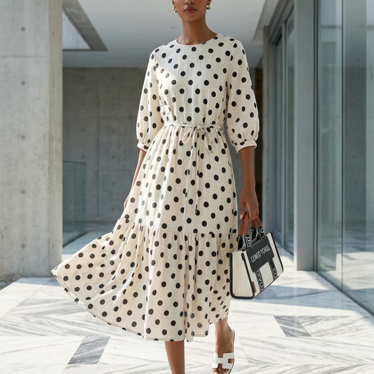 Women’s Polka Dot Maxi Dress with Puff Sleeves and Tiered Hemline