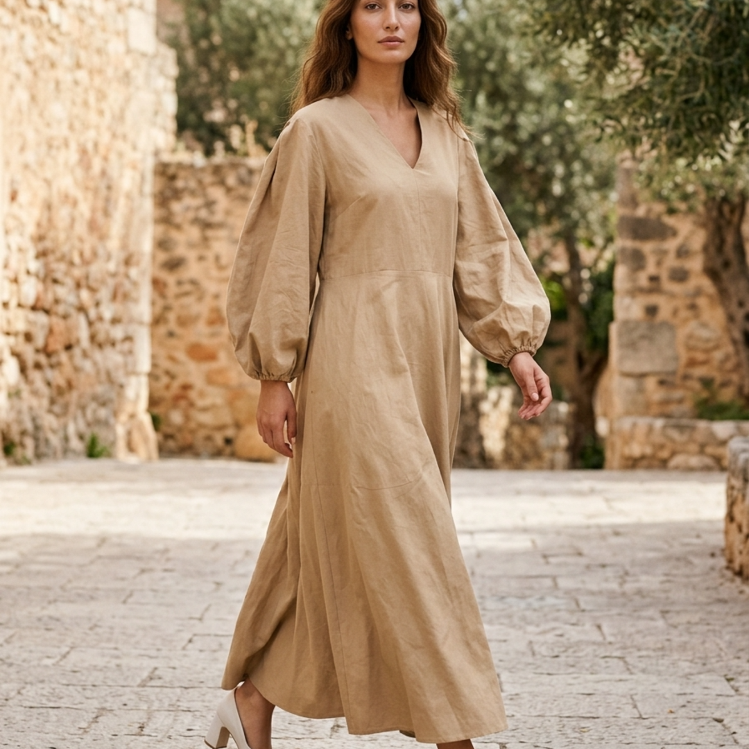 Women’s Maxi Dress Lantern Sleeve V-Neck High Waist Gown with Pockets