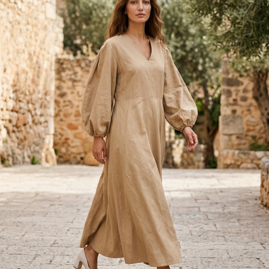 Women’s Maxi Dress Lantern Sleeve V-Neck High Waist Gown with Pockets