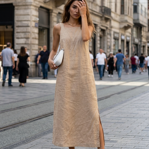 Women's Linen Maxi Dress with Side Slit and Square Neck