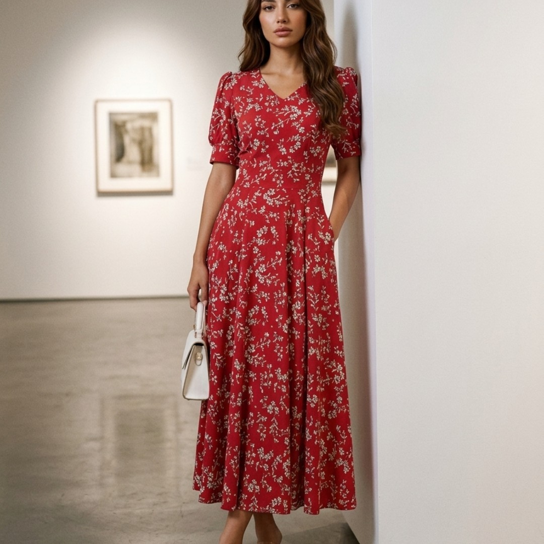 Women’s Floral Maxi Dress with V-Neck and Puff Sleeves