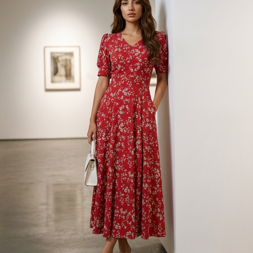 Women’s Floral Maxi Dress with V-Neck and Puff Sleeves