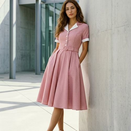 Women’s Vintage A-Line Dress with Belt and Contrast Lapels