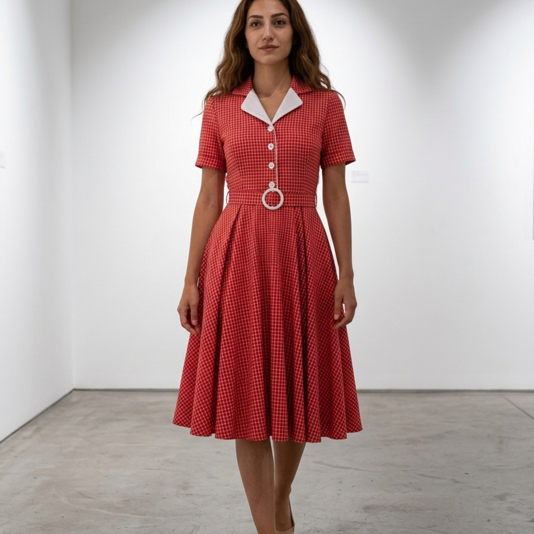 Women’s Vintage A-Line Dress with Belt and Contrast Lapels