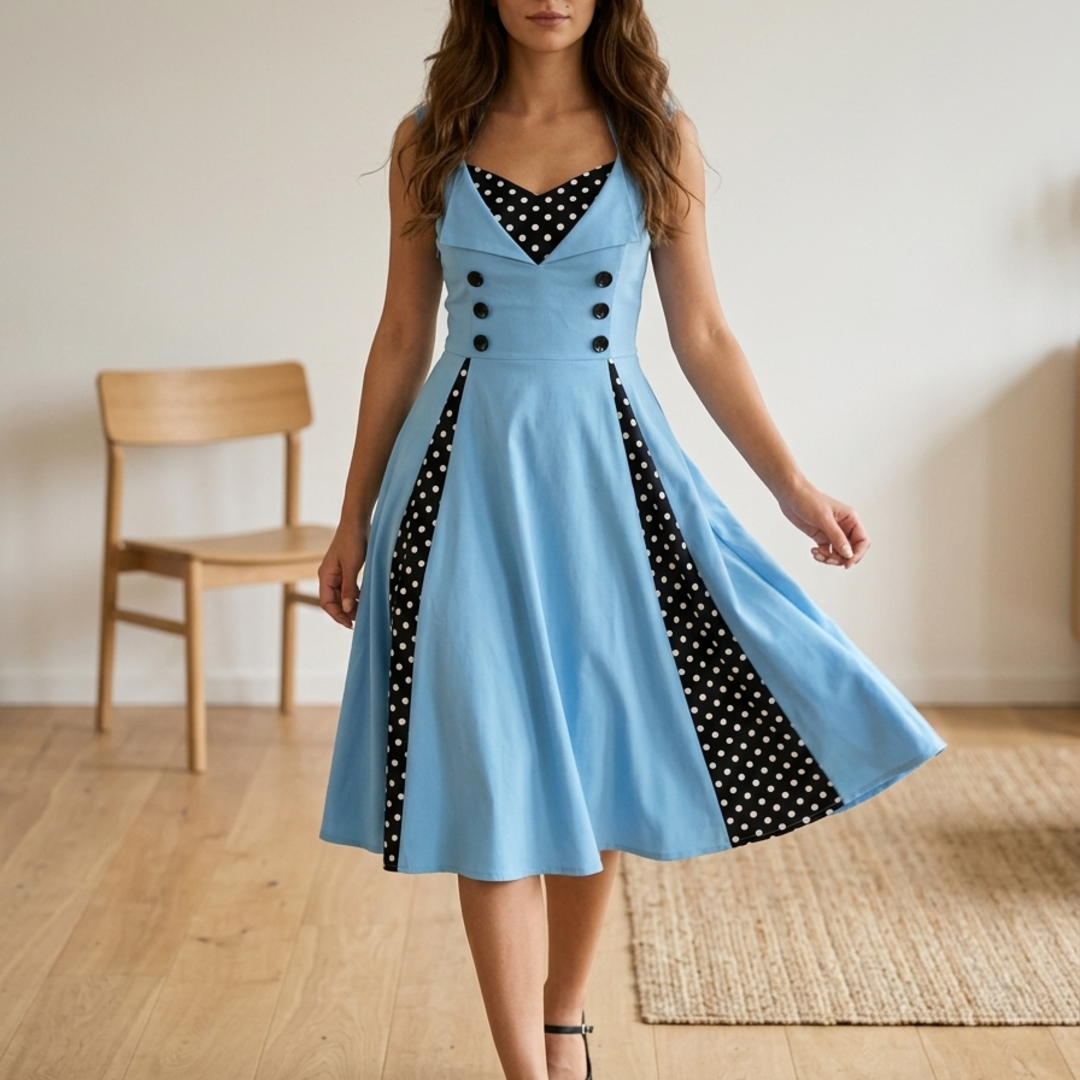 Women’s Vintage Swing Dress with Polka Dot Panels and Double Breasted Buttons