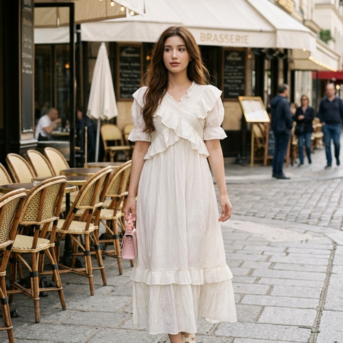 Women’s Smocked Maxi Dress with Ruffle Trim and Puff Sleeves