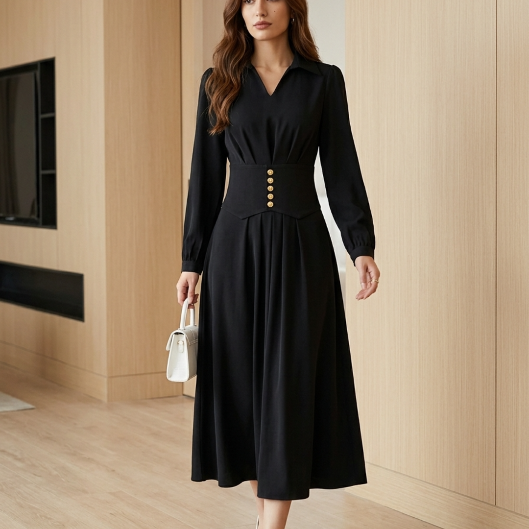 Women’s Shirt Maxi Dress with Corset Waist and Gold Buttons