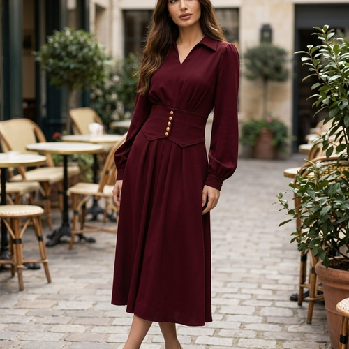 Women’s Shirt Maxi Dress with Corset Waist and Gold Buttons