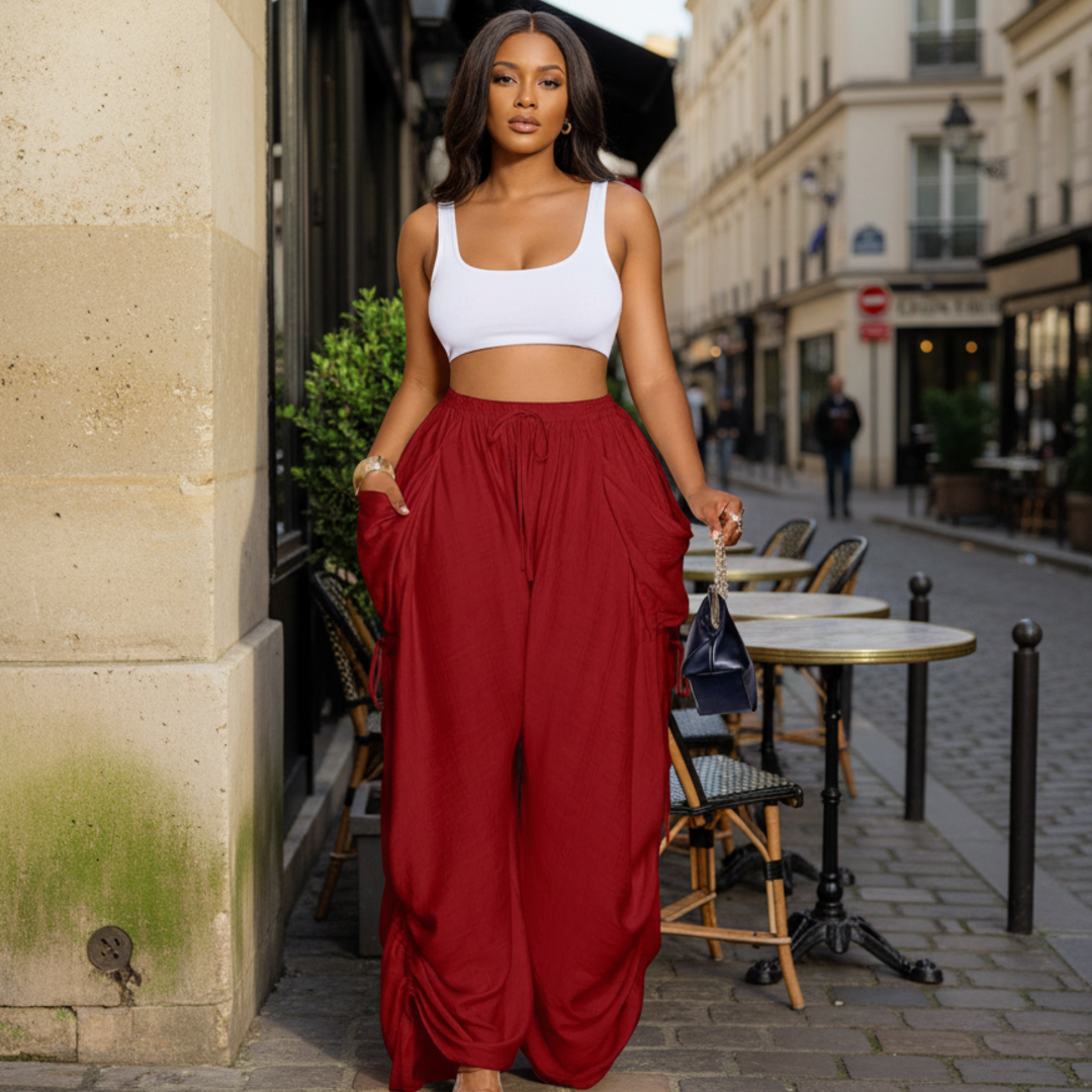 Women’s Harem Pants with Ruched Drawstring Sides and Oversized Pockets