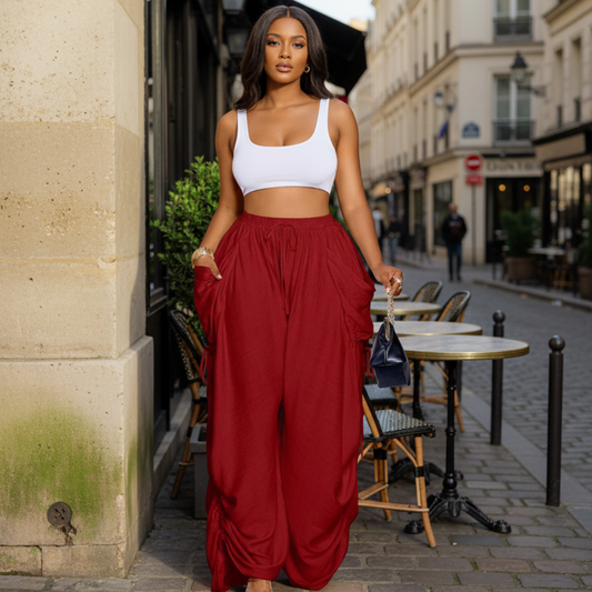 Women’s Harem Pants with Ruched Drawstring Sides and Oversized Pockets