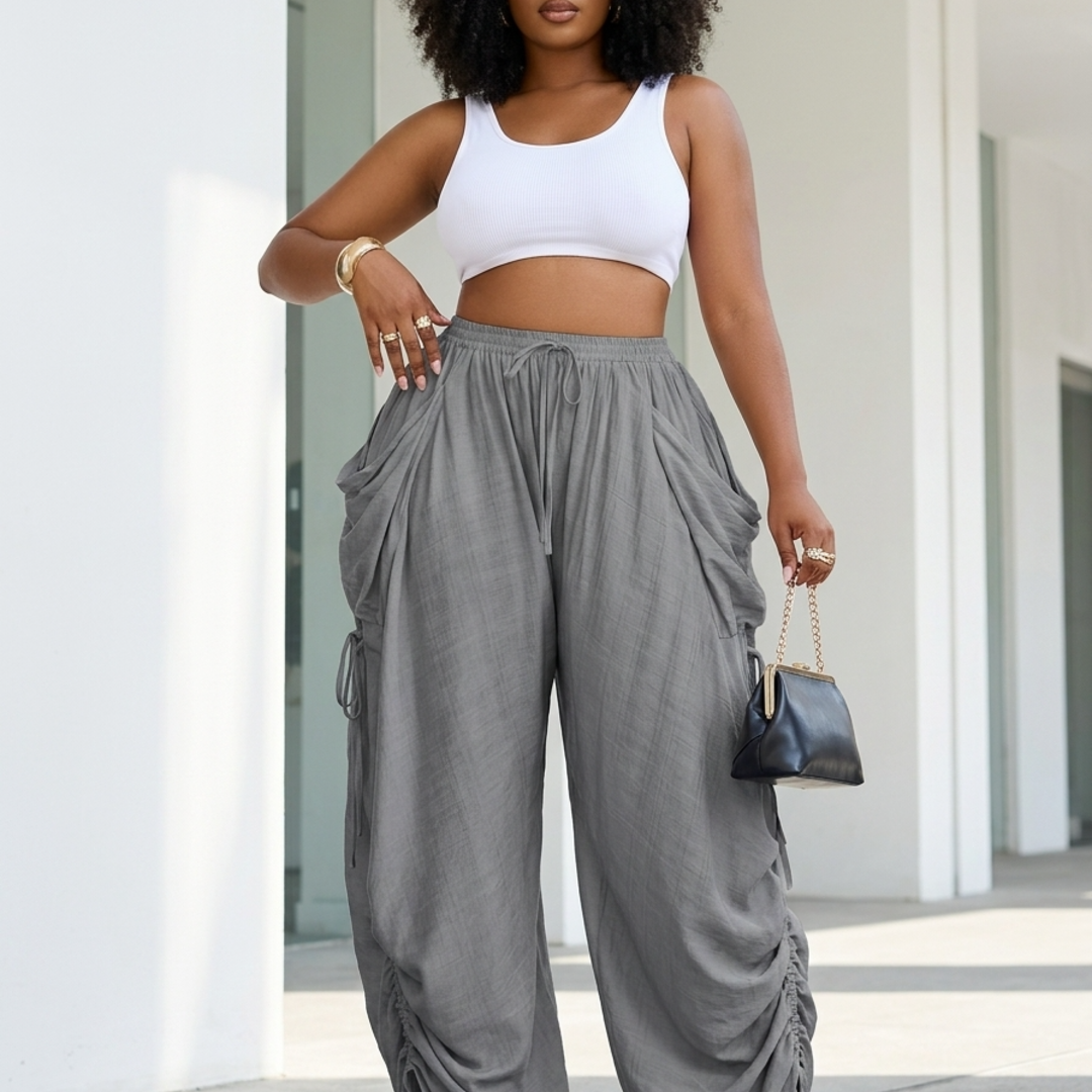 Women’s Harem Pants with Ruched Drawstring Sides and Oversized Pockets
