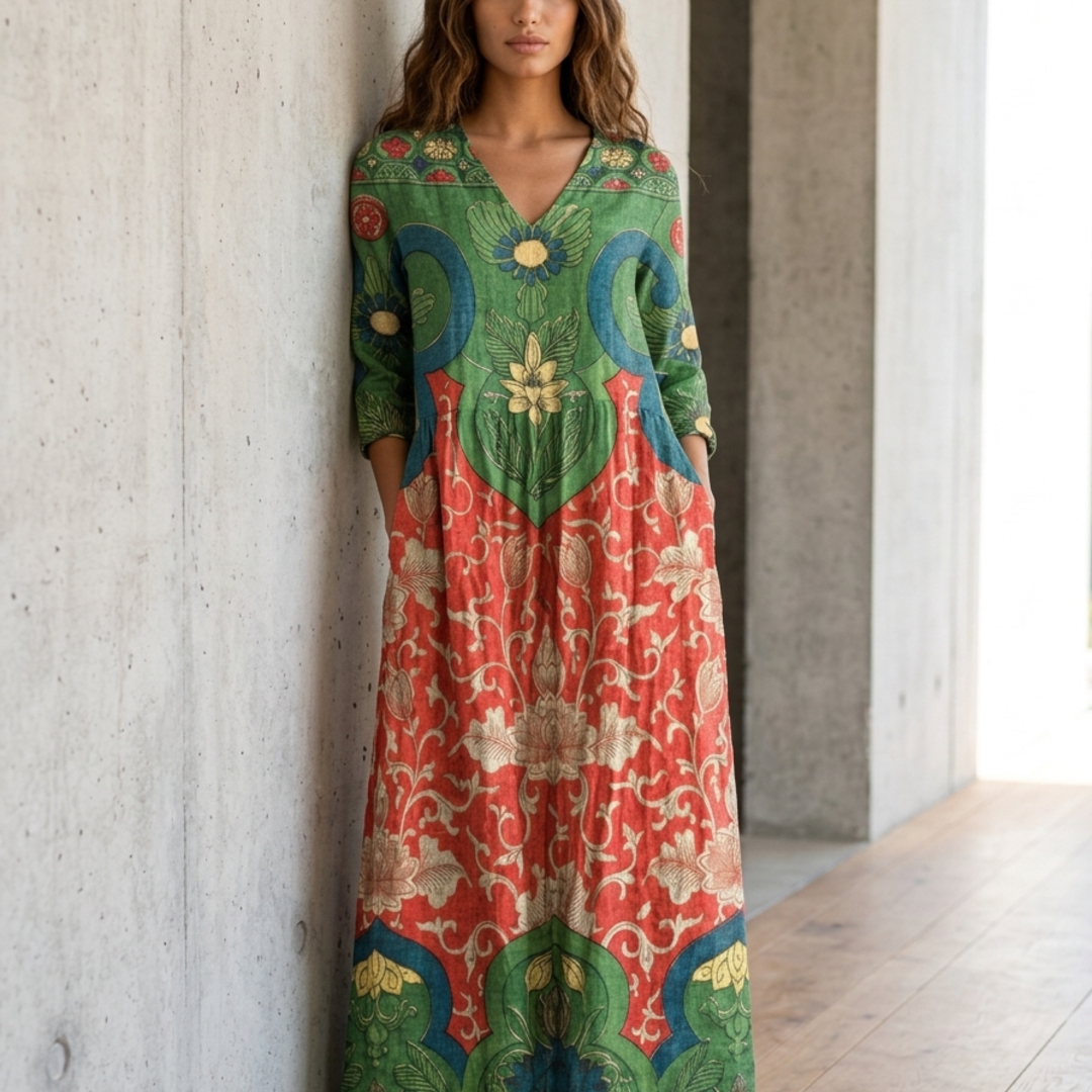 Women’s Maxi Dress with V-Neckline and Integrated Side Pockets