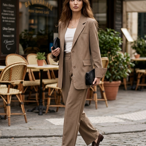 Women’s Blazer Pant Suit with Single-Breasted Jacket and Wide-Leg Trousers