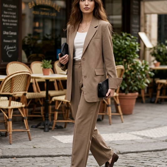 Women’s Blazer Pant Suit with Single-Breasted Jacket and Wide-Leg Trousers