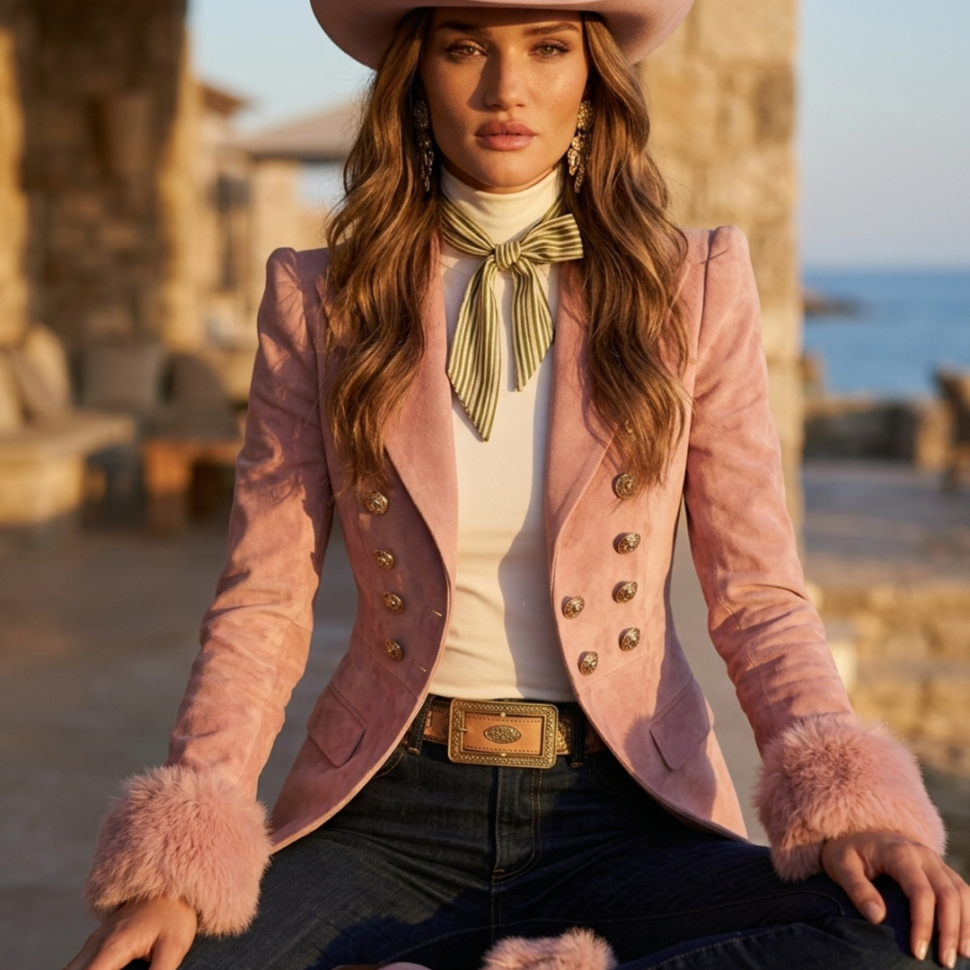 Women’s Blazer Jackets with Faux Fur Cuffs and Double-Breasted Buttons