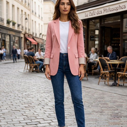 Women’s Blazer Jackets with Pinstripe Cuffed Sleeves and Notch Lapels