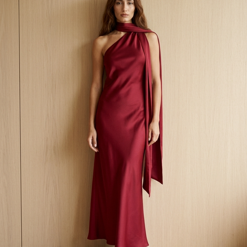 Women’s Halter-neck Maxi Dresses with Asymmetrical Draped Scarf Neckline