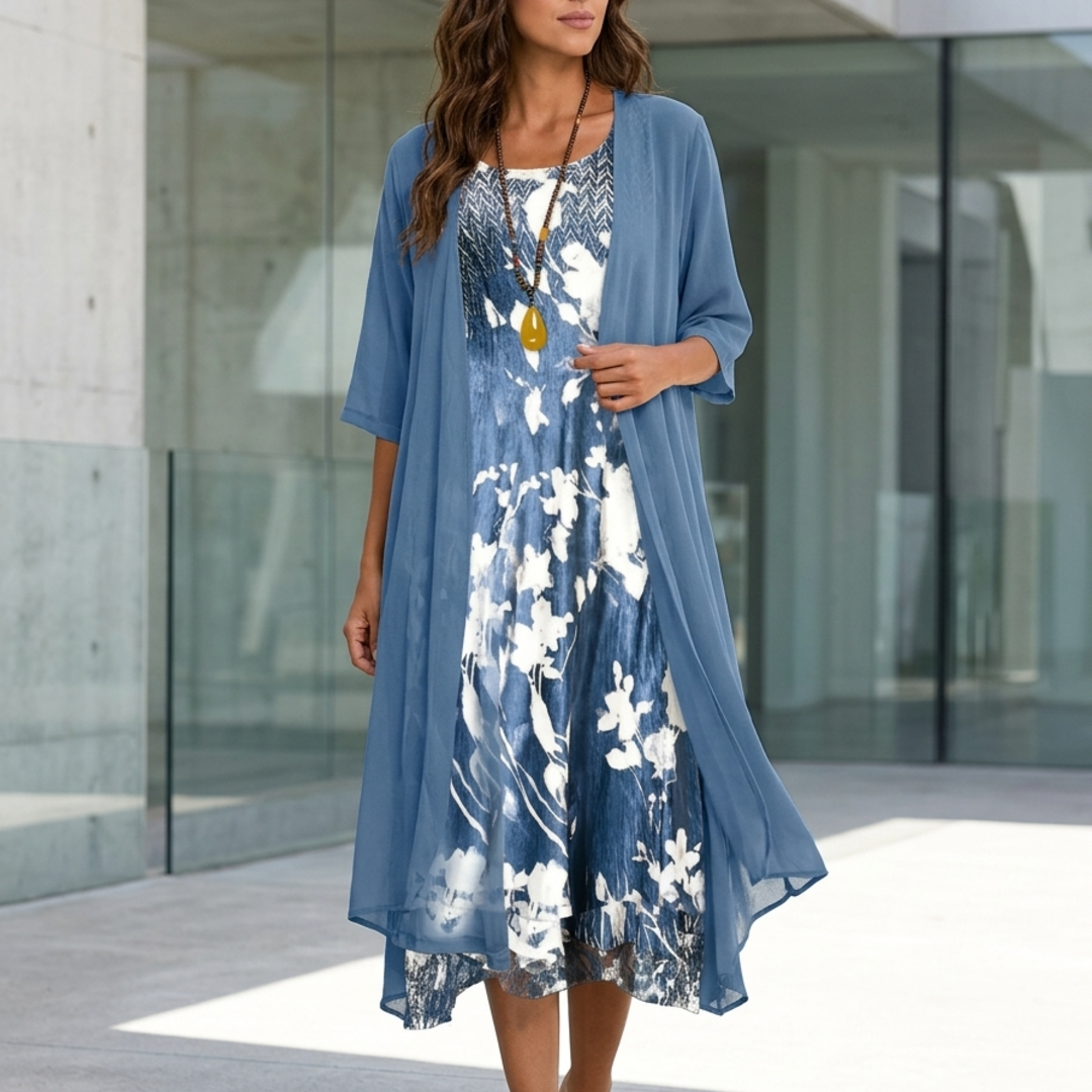 Women's Boho Floral Midi Dress with Matching Lightweight Duster Cardigan