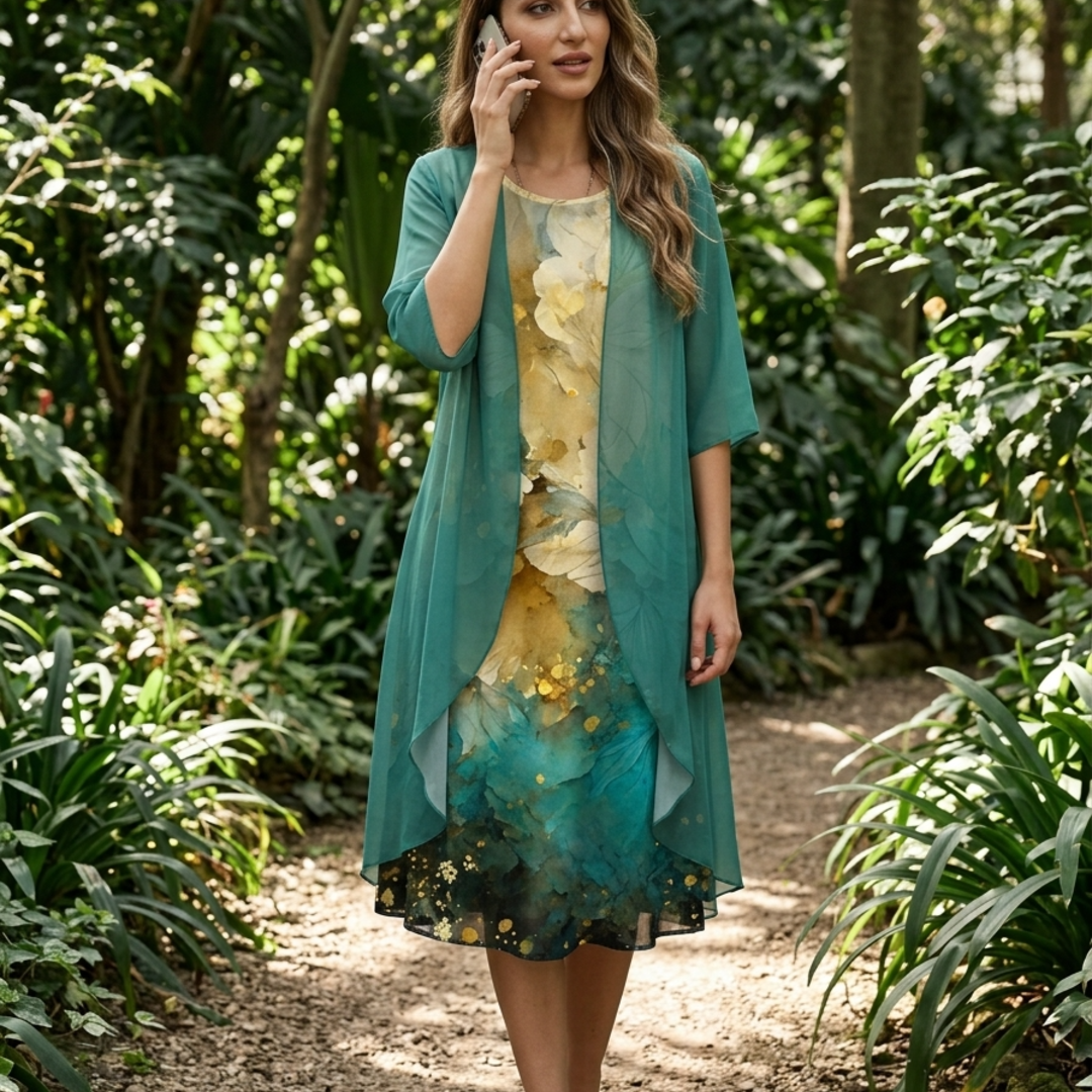 Women's Boho Floral Midi Dress with Matching Lightweight Duster Cardigan