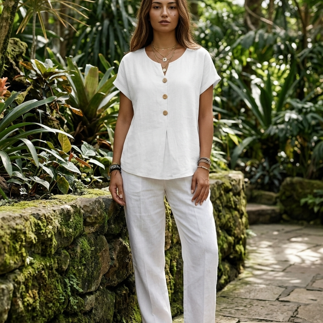 Women’s Tunic Tops with Linen Button-Front and V-Neck Detail