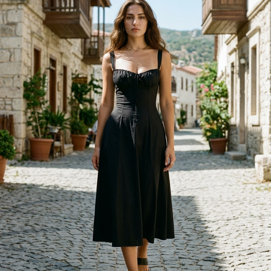 Women’s Midi Dress with Bustier Corset Bodice and Tie Neck