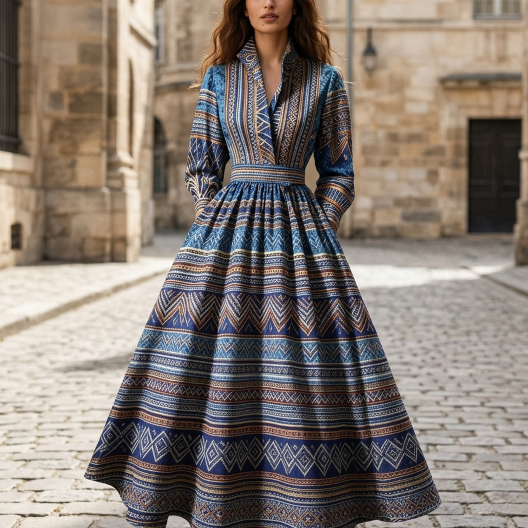 Women’s Maxi Dress with V-Neck Collar and Boho Geometric Print