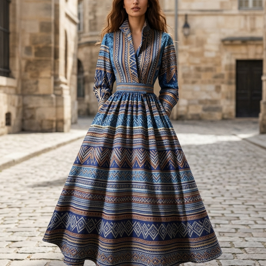 Women’s Maxi Dress with V-Neck Collar and Boho Geometric Print
