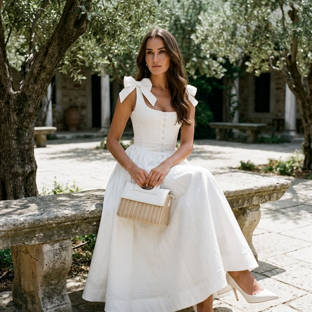 Women’s Midi Dress with Pleated Square-Neck and Shoulder Bows