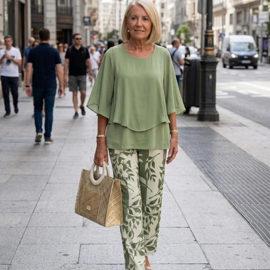 Women’s Two-Piece Pant Set Layered Flutter Sleeve Top and Wide-Leg Trousers