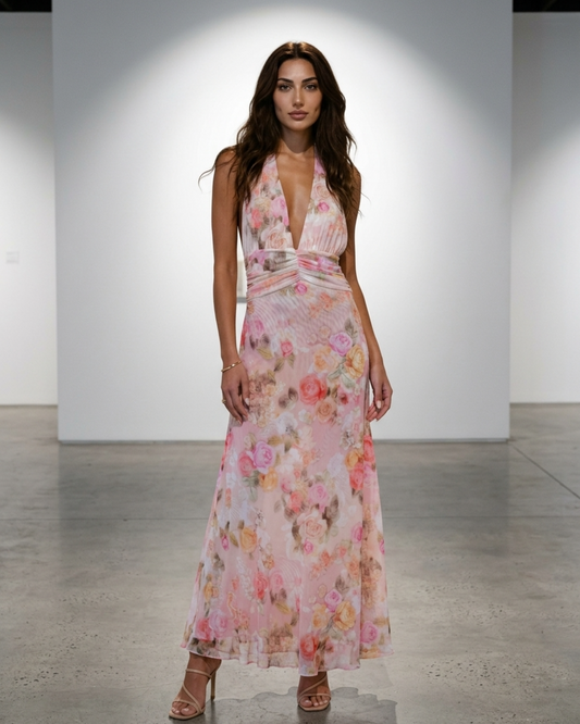 Women’s Maxi Dress with Halter Deep V-Neck and Open Back Polka Dot Print