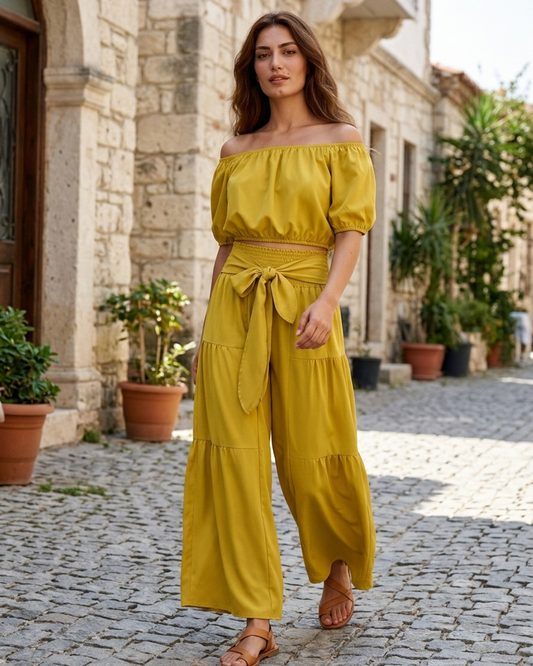 Women’s 2-Piece Set with Off-Shoulder Crop Top and Tiered Wide Leg Pants