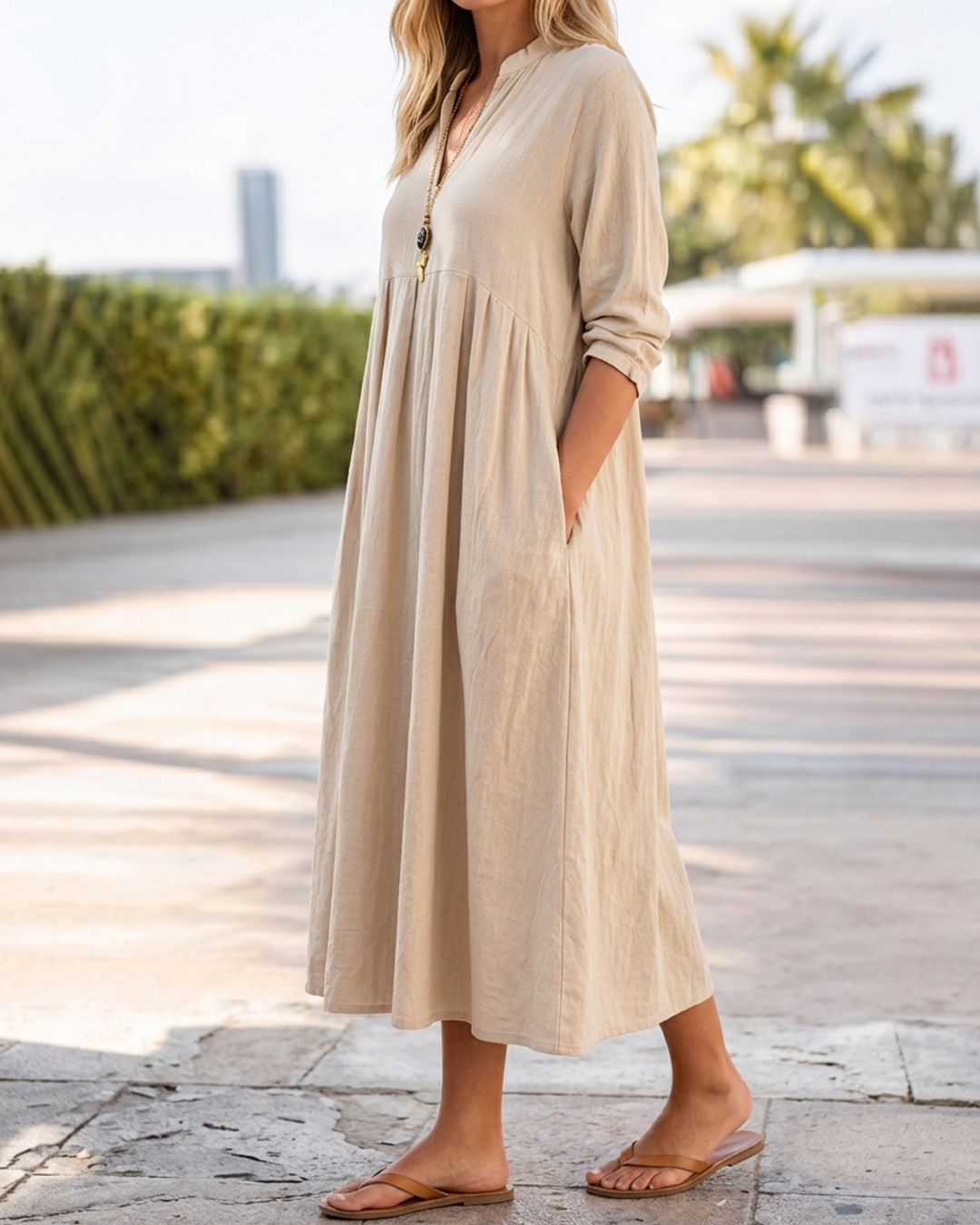 Women’s Midi Dress with V-Neck and Empire Waist Pleated Skirt