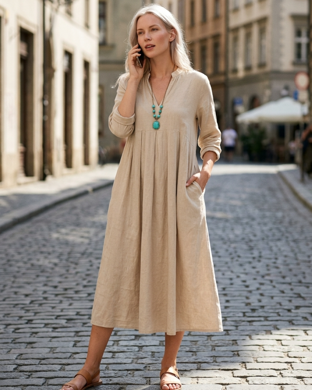 Women’s Midi Dress with V-Neck and Empire Waist Pleated Skirt