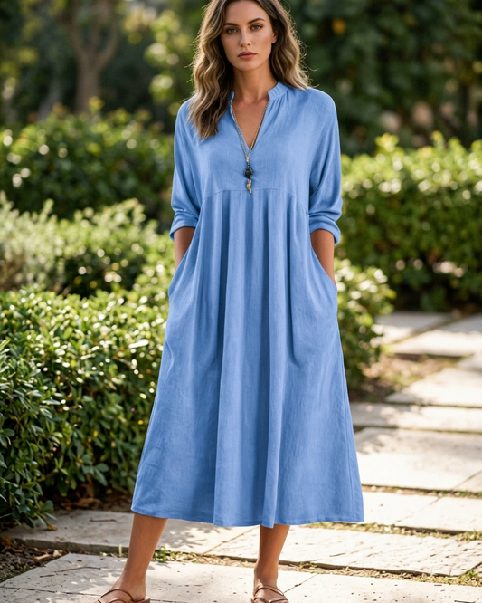 Women’s Midi Dress with V-Neck and Empire Waist Pleated Skirt
